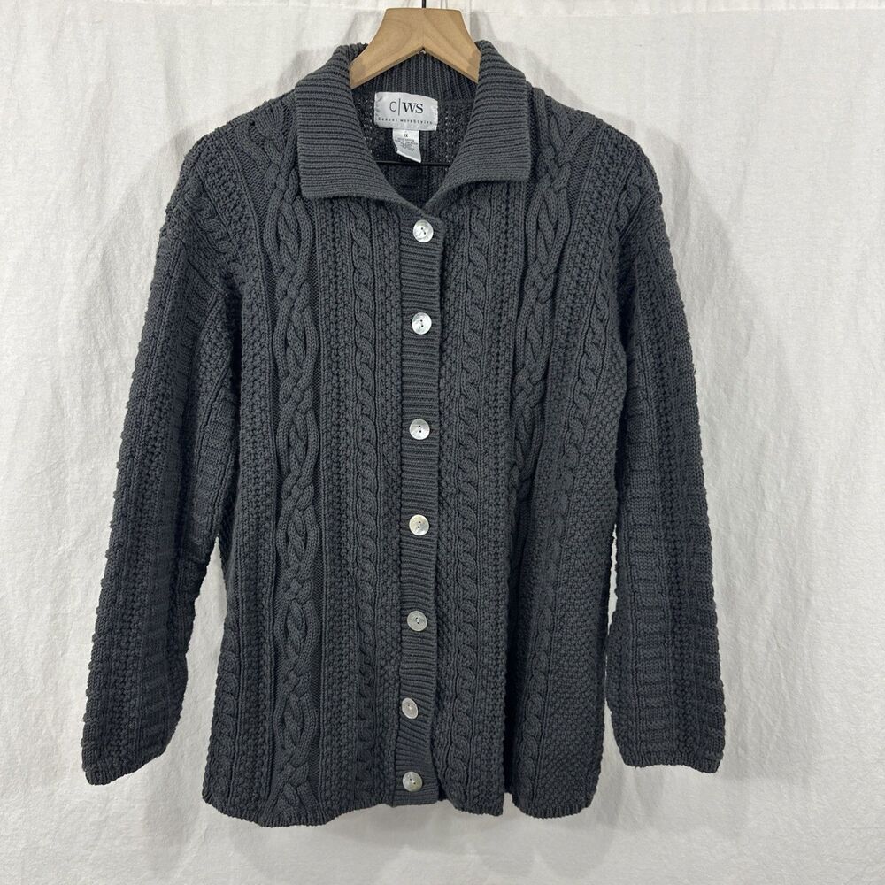 C/WS Casual Workstyles Vintage Chunky Grey Cableknit Fisherman Cardigan Sz 1X